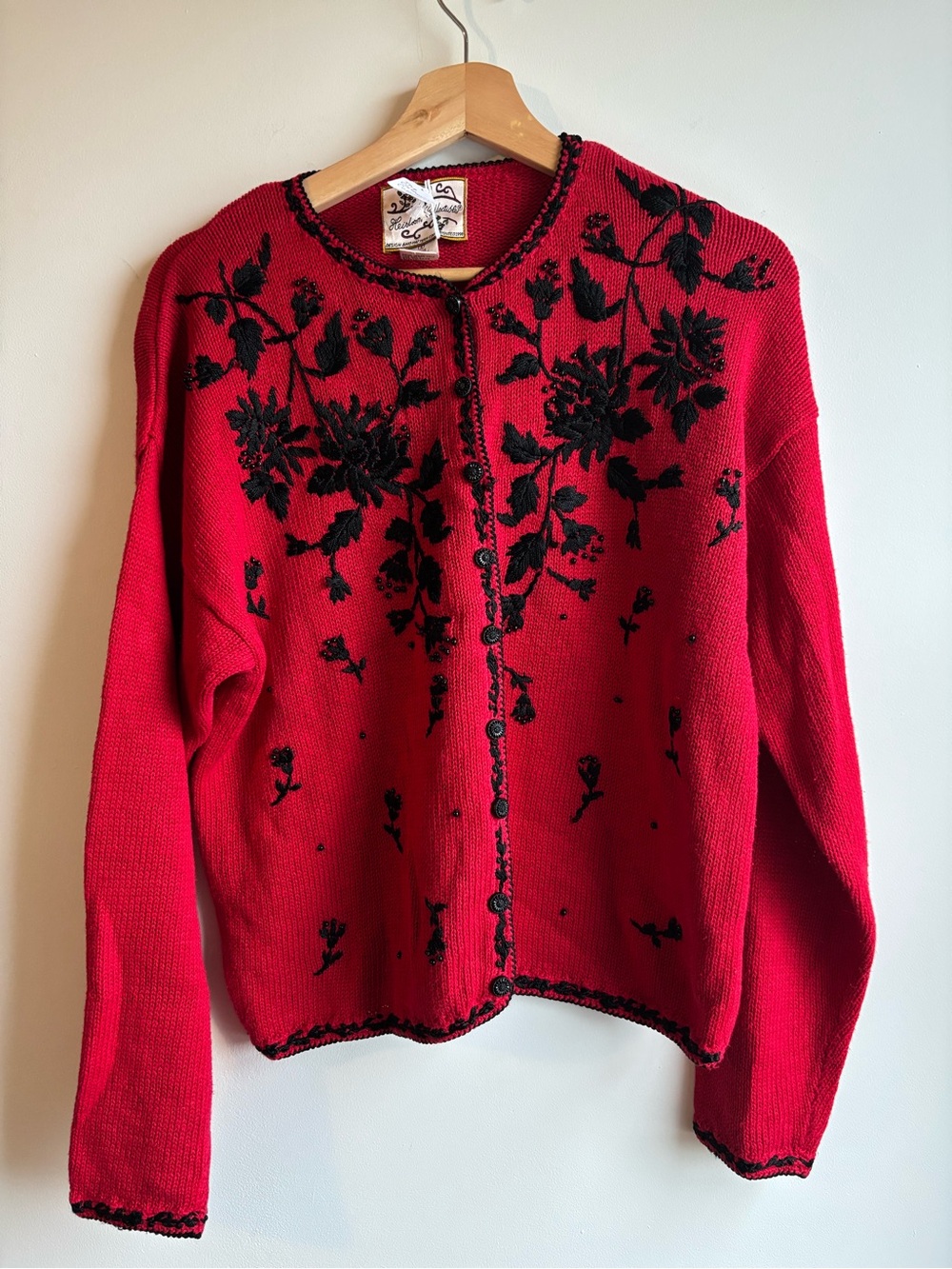 Red Floral Embroidered Button-Up Sweater
